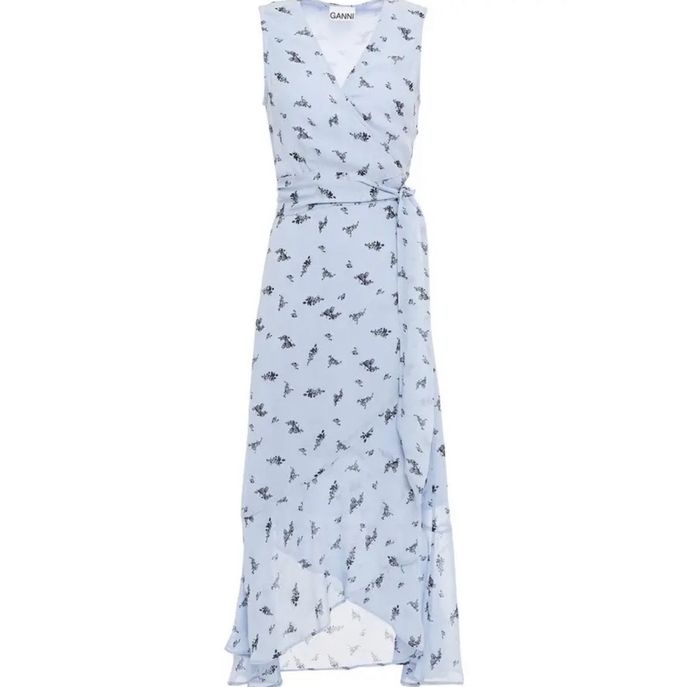 Ganni Ruffled Floral Print Georgette Midi Wrap Dress FR 32